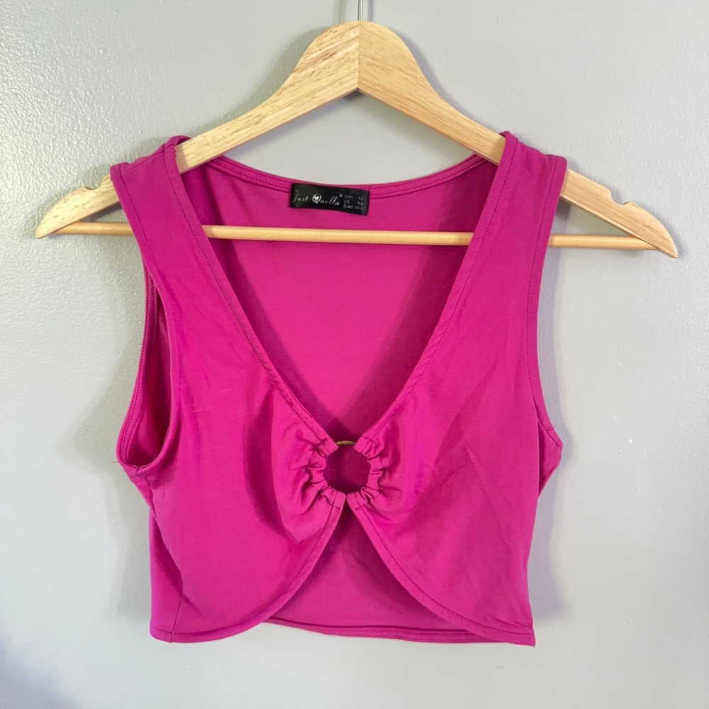 Just Quella Crop Top Hot Pink Barbiecore Y2K O-Ring V-Neck Sleeveless Wmns XS